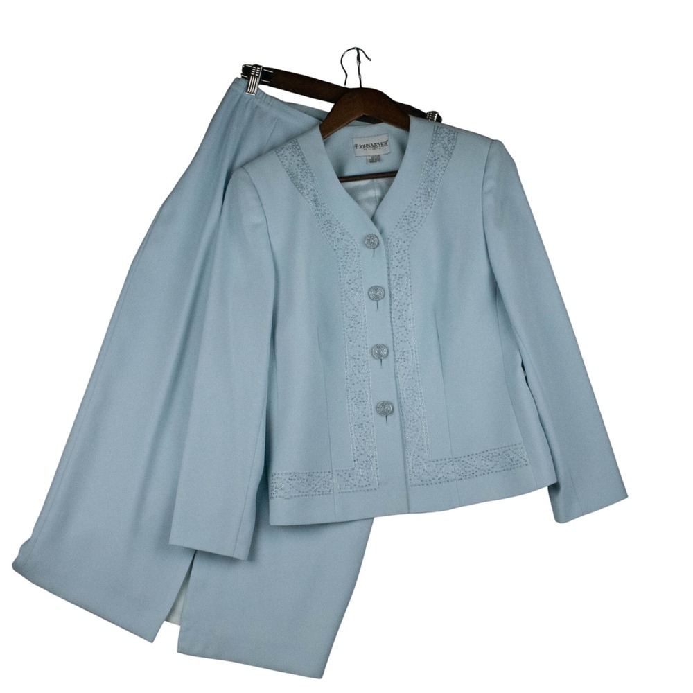 John Meyer Womens‎ 10P 2-Pc Skirt Suit VTG 90s Light Blue Beaded Formal